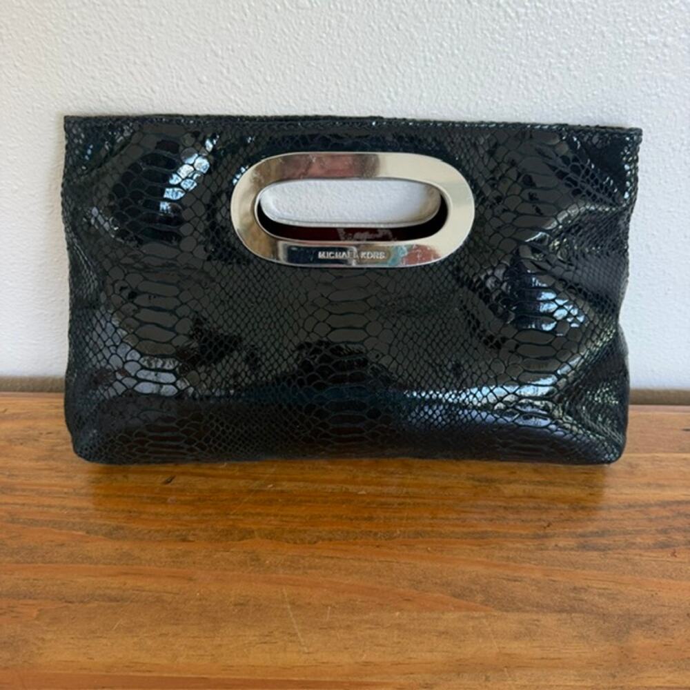 Michael Kors Berkley Clutch - Black Snakeskin Pattern with Gold Tone Handle